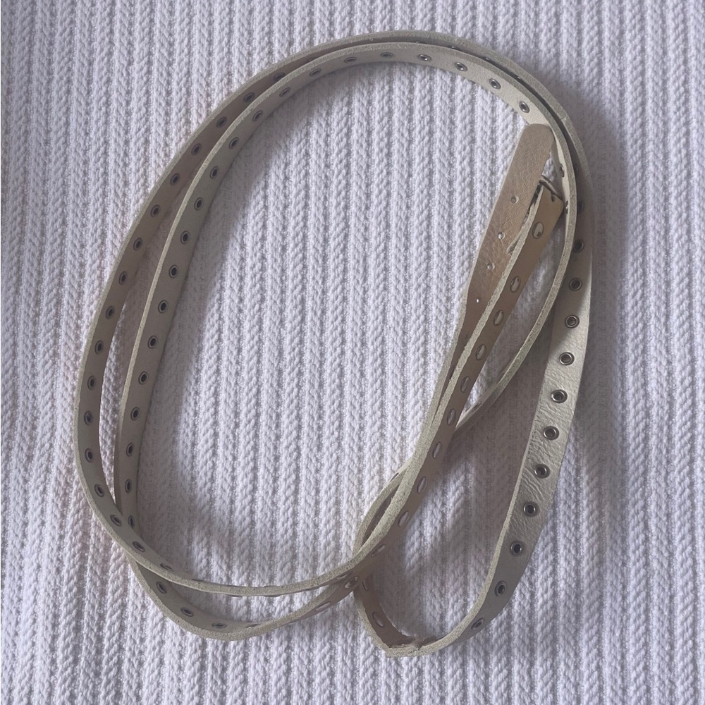 Extra long thin studded tan and green leather belt